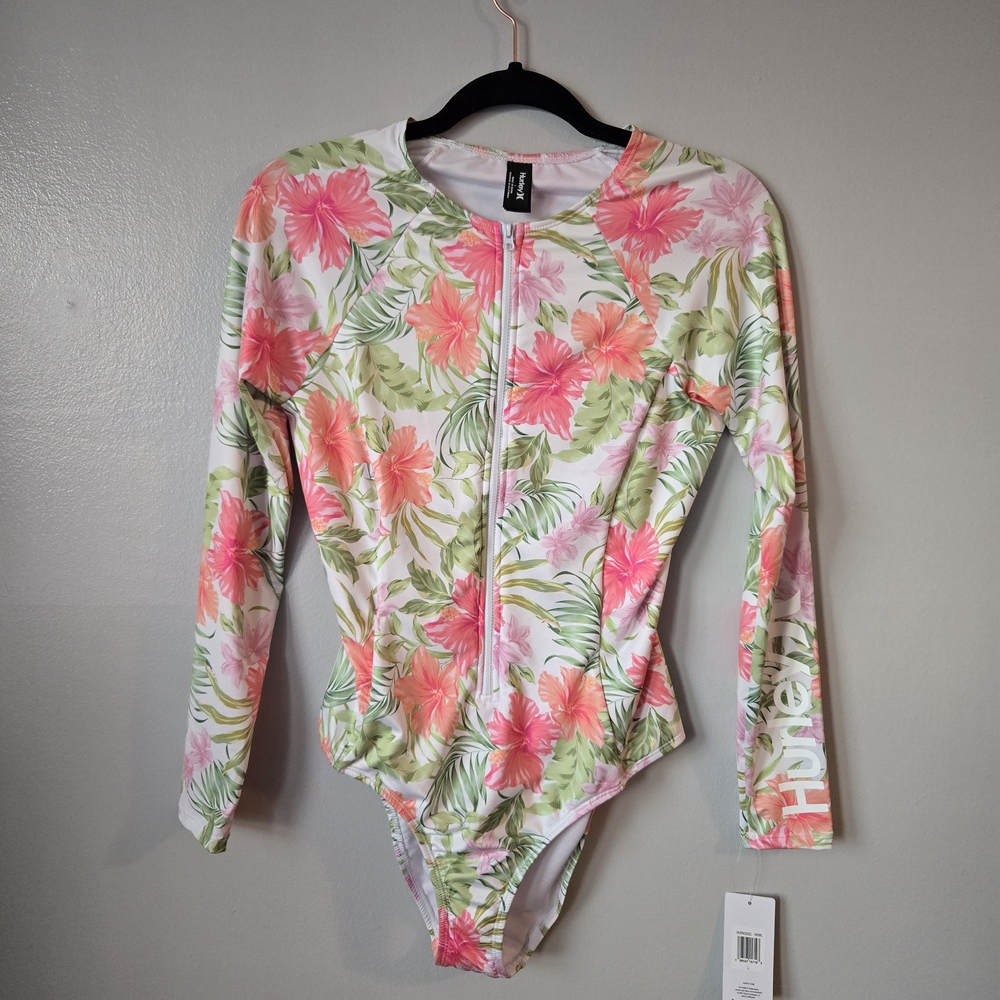 NWT Hurley Hibiscus Tropical Floral Long-Sleeve Surf Suit Swim Suit Size Large